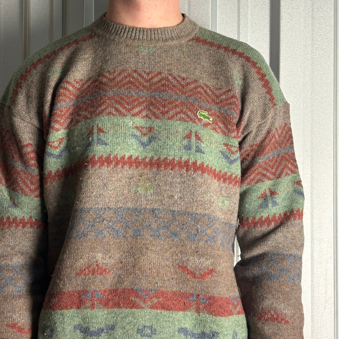 Vintage Chemise Lacoste 90s Green Grey Pattern Wool Chunky Knit Jumper - M