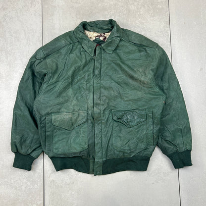 Vintage Aviator Pilot Flight Style Green Genuine Leather Bomber Jacket - L