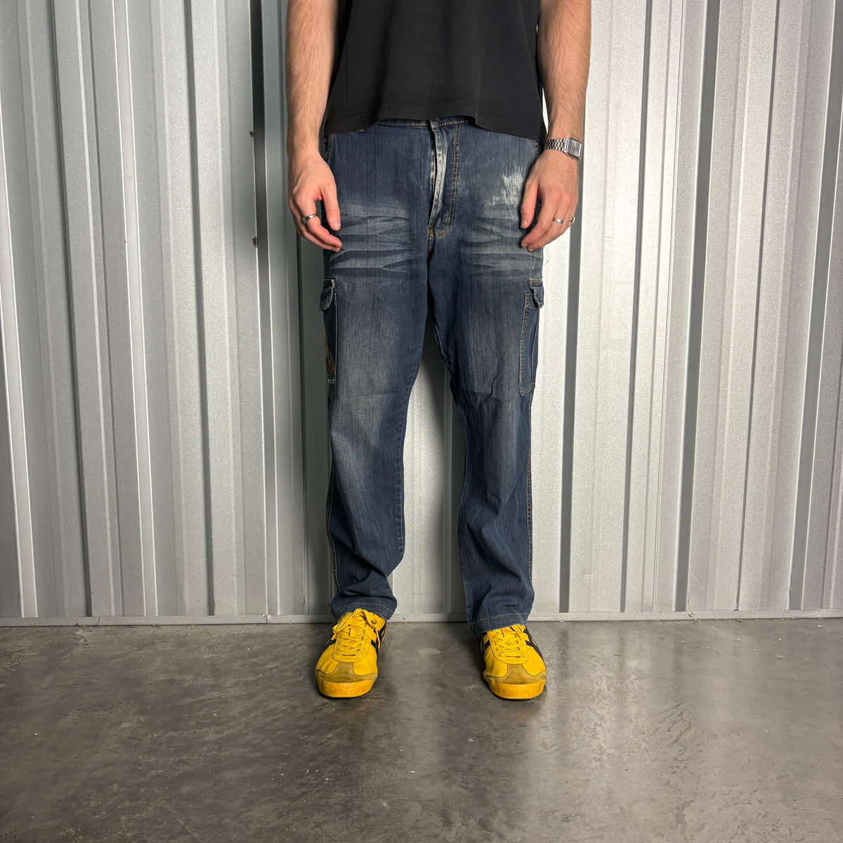 Embroidered Blue Tiger Cargo Japanese Denim Hip Hop Y2K Baggy Jeans - 36S
