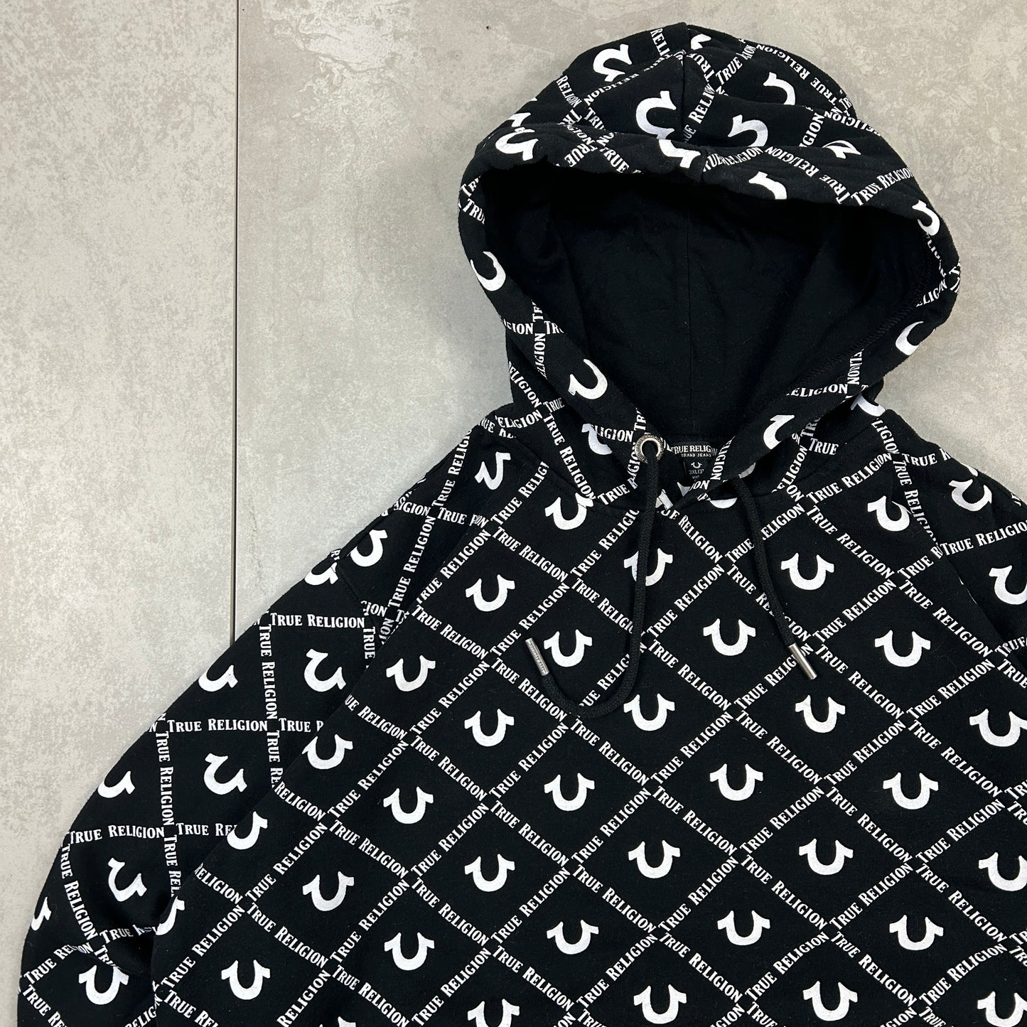 Vintage 00s True Religion All Over Print Black Hoodie Sweatshirt - 3XL