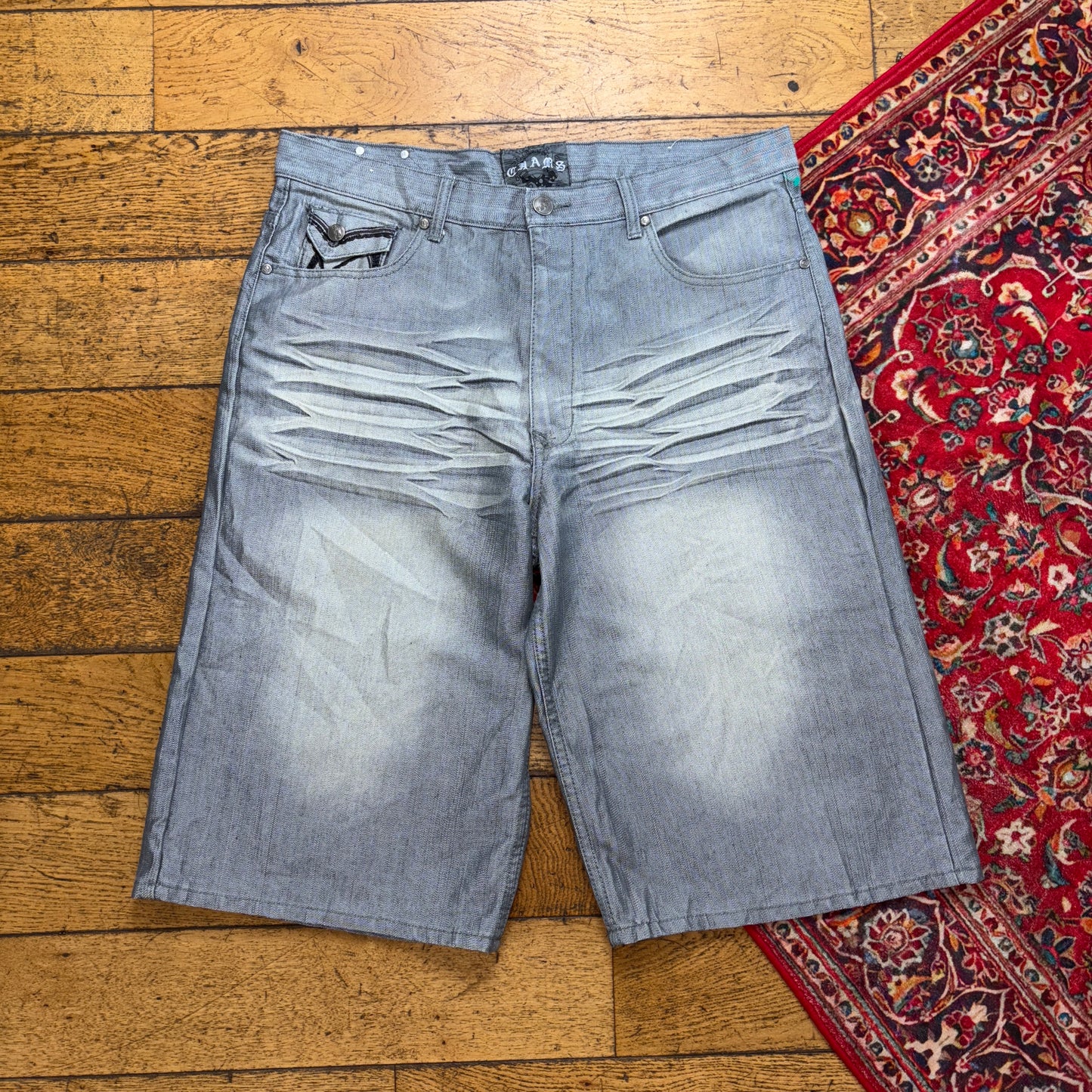 Vintage Chams Grey Embroidered Y2K Hip Hop Baggy Jeans Shorts Jorts - 40