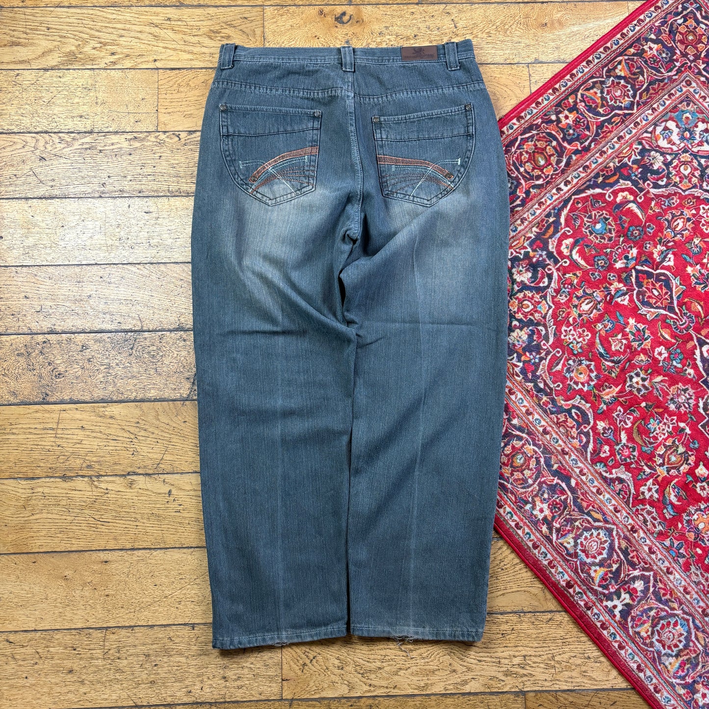 Vintage Grey Embroidered Y2K Hip Hop Baggy Jeans - 38