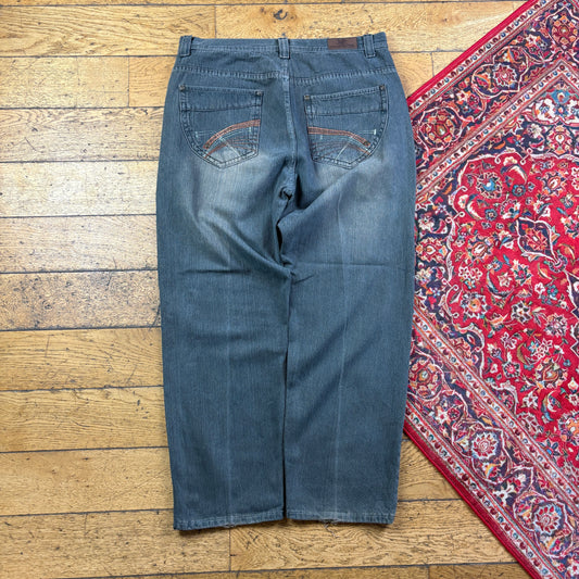 Vintage Grey Embroidered Y2K Hip Hop Baggy Jeans - 38