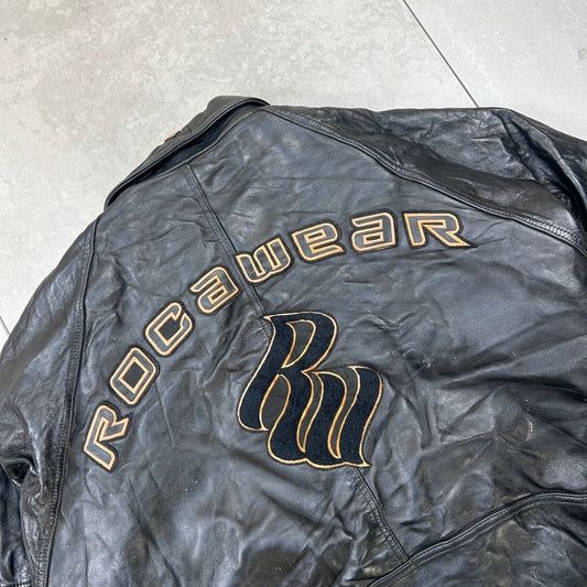 Vintage Rocawear Hip Hop Black Embroidered Genuine Leather Bomber Jacket - 4XL