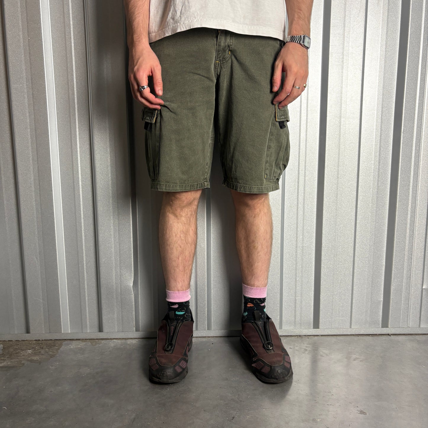Vintage Red Head Green Embroidered Y2K Hip Hop Baggy Cargo Shorts Jorts - 30