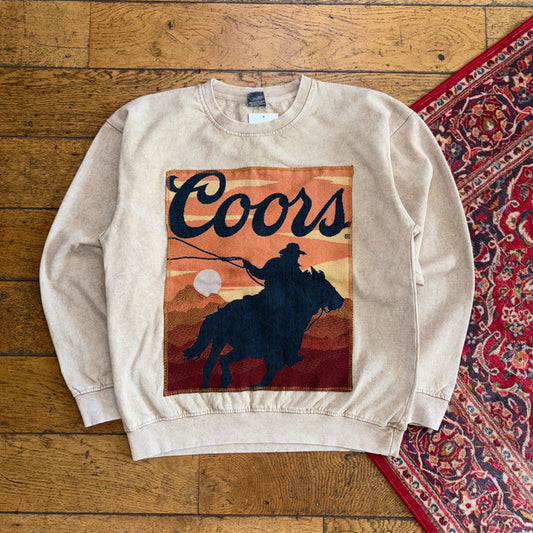 Vintage Coors Beer Cream Cowboy Western Embroidered Sweatshirt - S