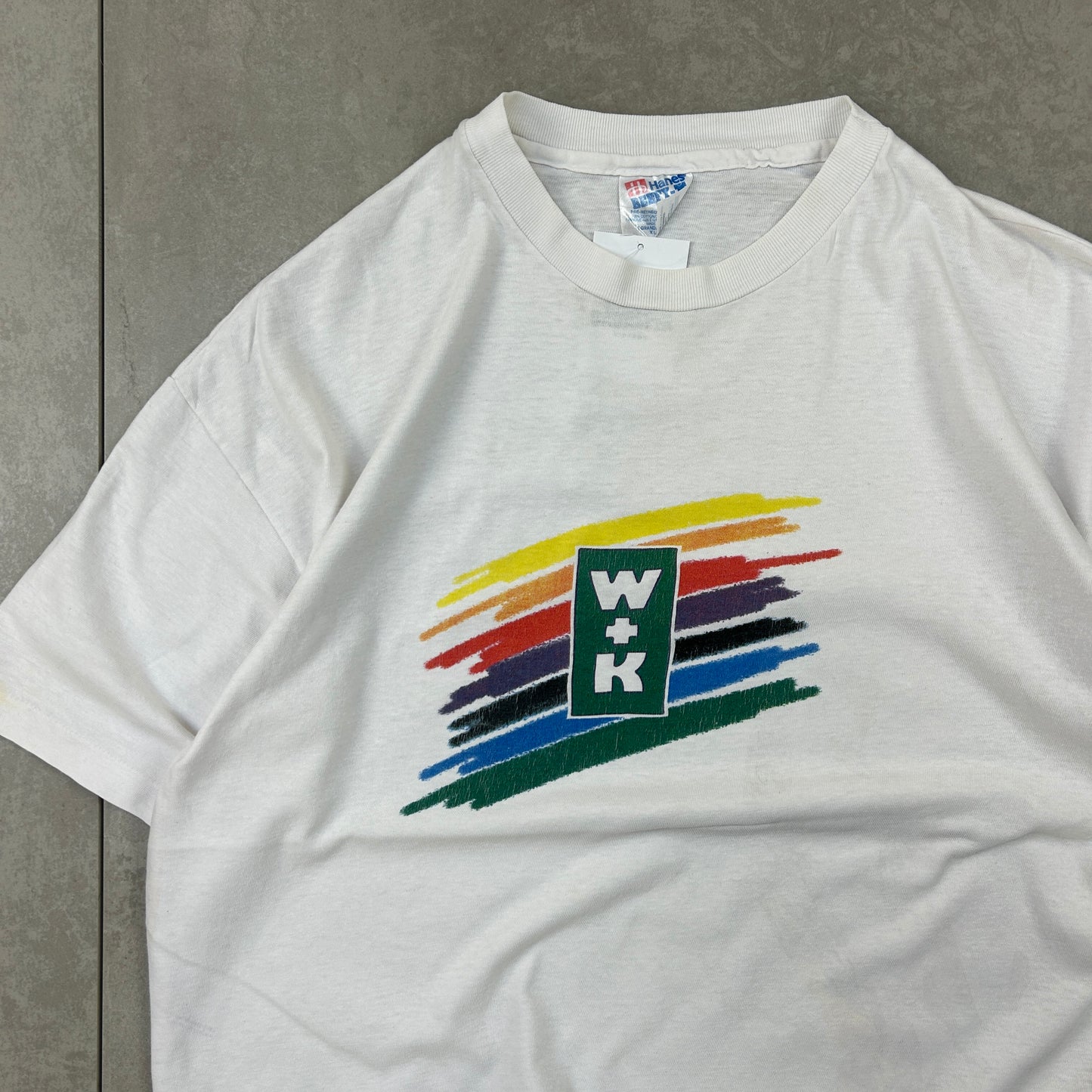 Vintage 90s Rainbow W+K Single Stitch White Graphic T-Shirt - L