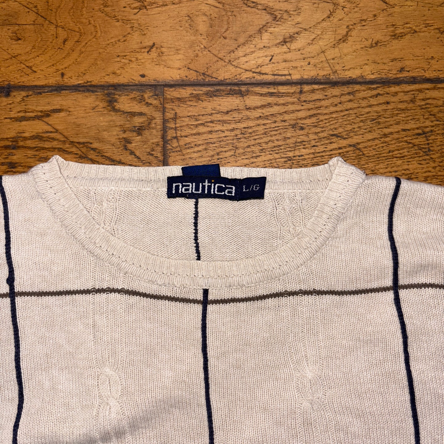 Vintage Nautica Cream Check Embroidered Knit Jumper - XL