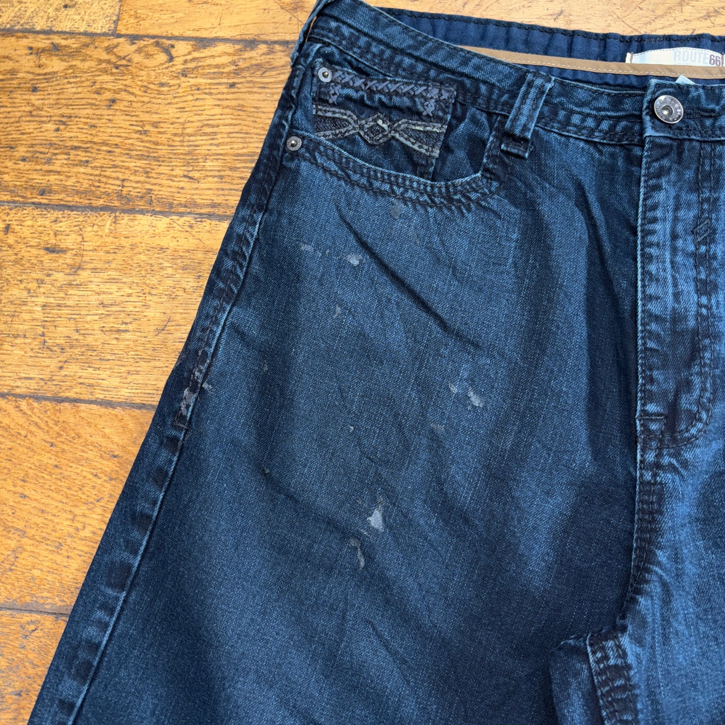 Vintage Route 66 Navy Blue Embroidered Y2K Hip Hop Baggy Jeans Shorts Jorts - 34