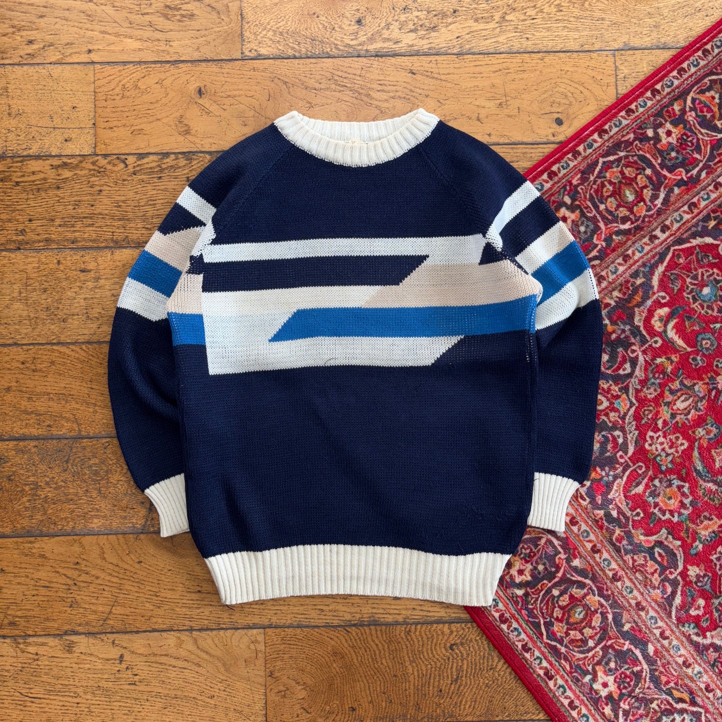 Vintage Navy Pattern Chunky Knit Jumper - XS