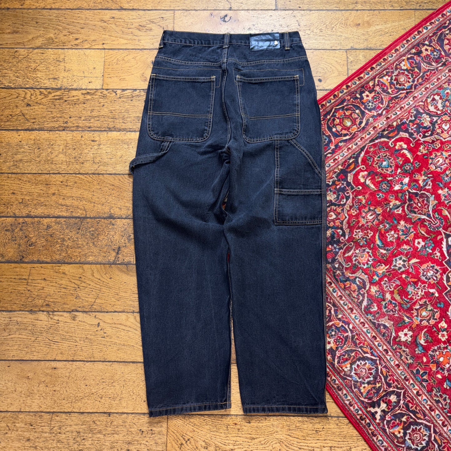 Vintage Black Embroidered Y2K Hip Hop Baggy Jeans - 32S
