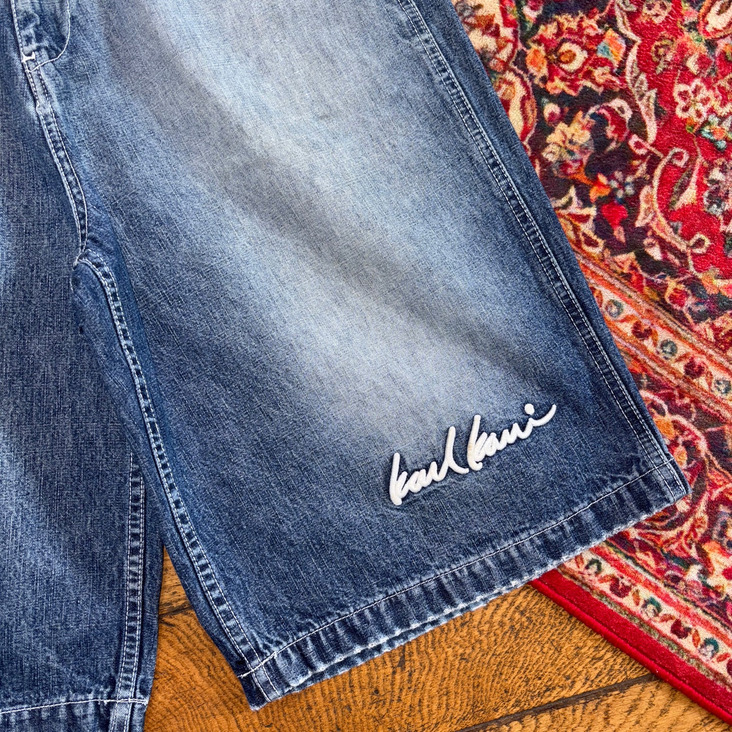 Vintage Karl Kani Blue Embroidered Y2K Hip Hop Baggy Jeans Shorts Jorts - 32