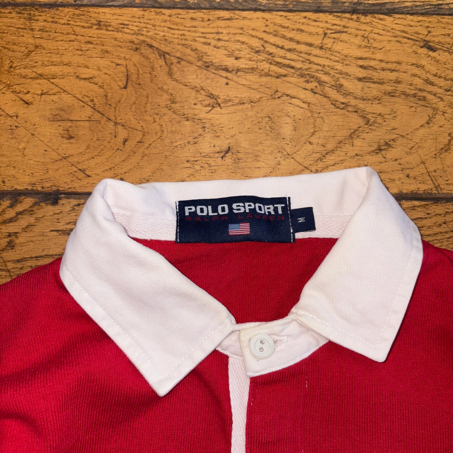 Vintage Polo Sport Ralph Lauren Red Blue Stripe Embroidered Rugby Polo Shirt - M
