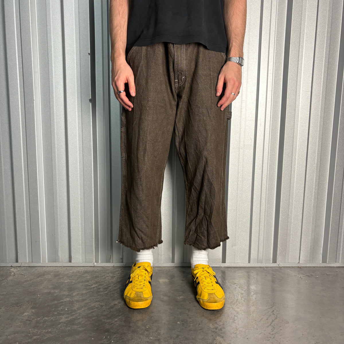 Vans Brown Skate Cut Off Embroidered Japanese Denim Hip Hop Y2K Baggy Jeans - 38