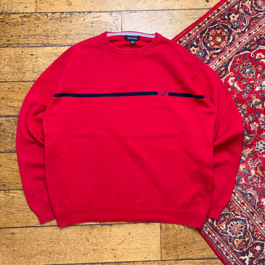 Vintage Nautica Red Embroidered Knit Jumper - L