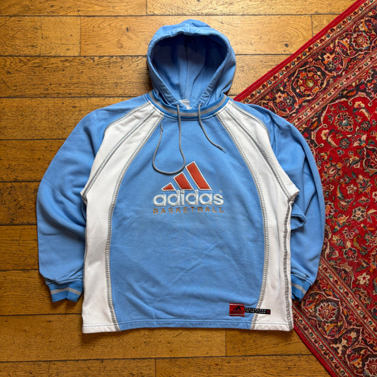 Vintage 90s Adidas Basketball Blue Embroidered Hoodie Sweatshirt - L