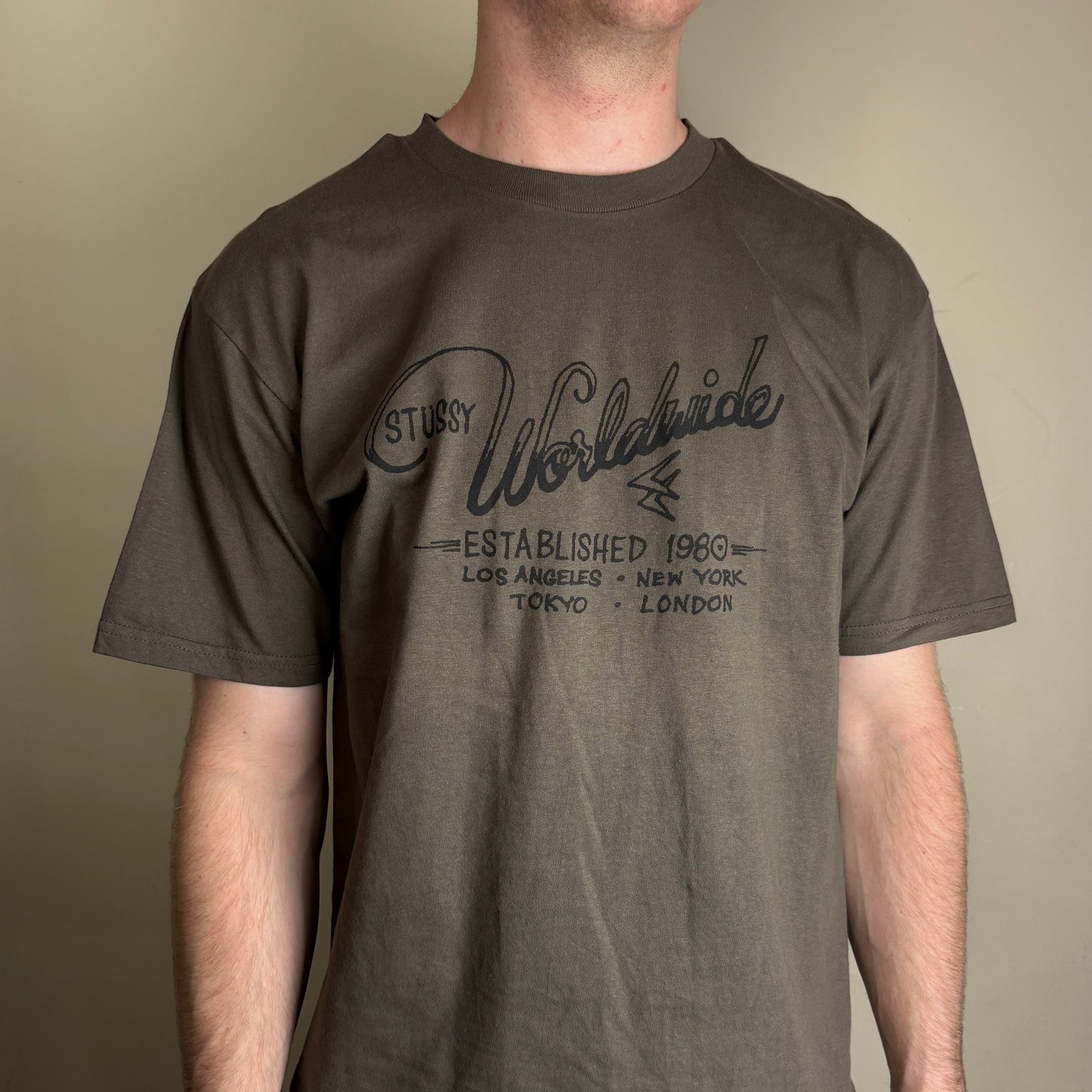 Vintage Stussy Khaki Green Brown Graphic T-Shirt - M