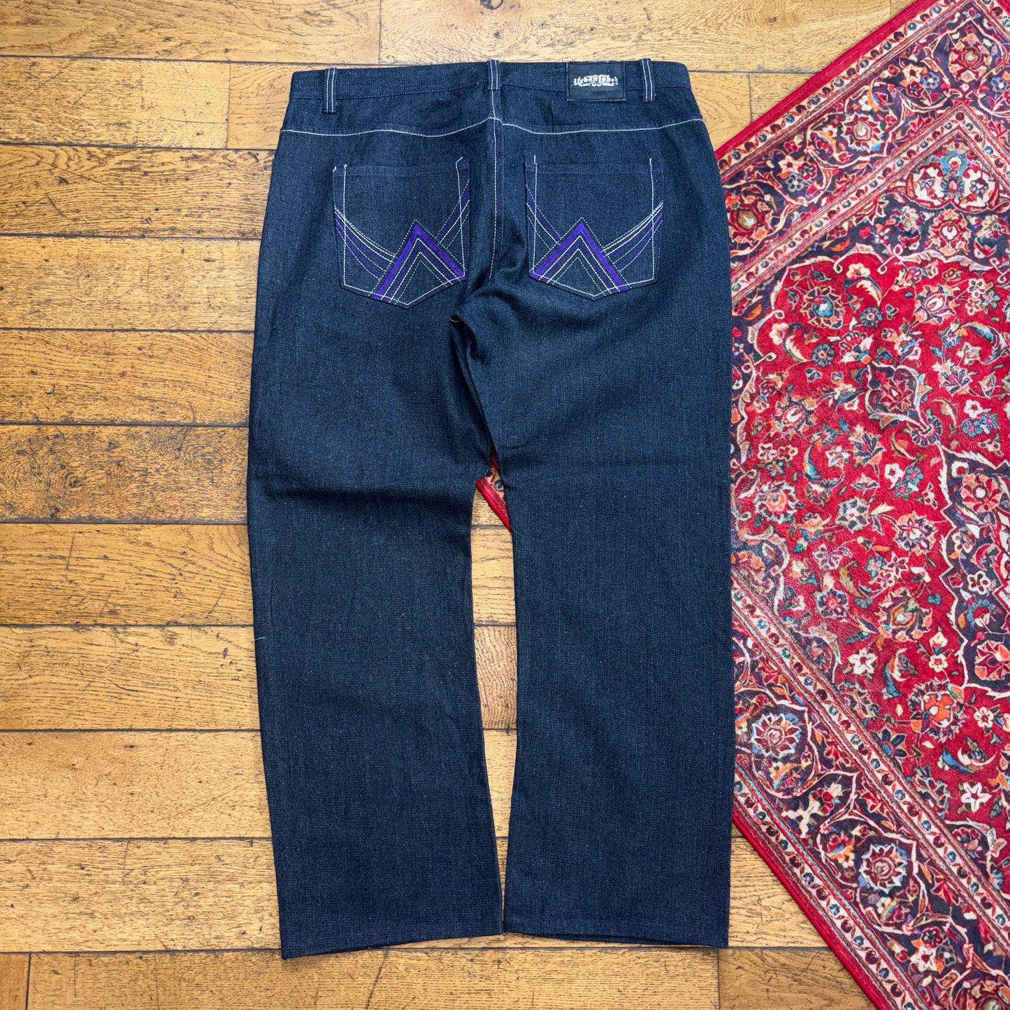 Vintage Urban Label Black Embroidered Y2K Hip Hop Baggy Jeans - 42R