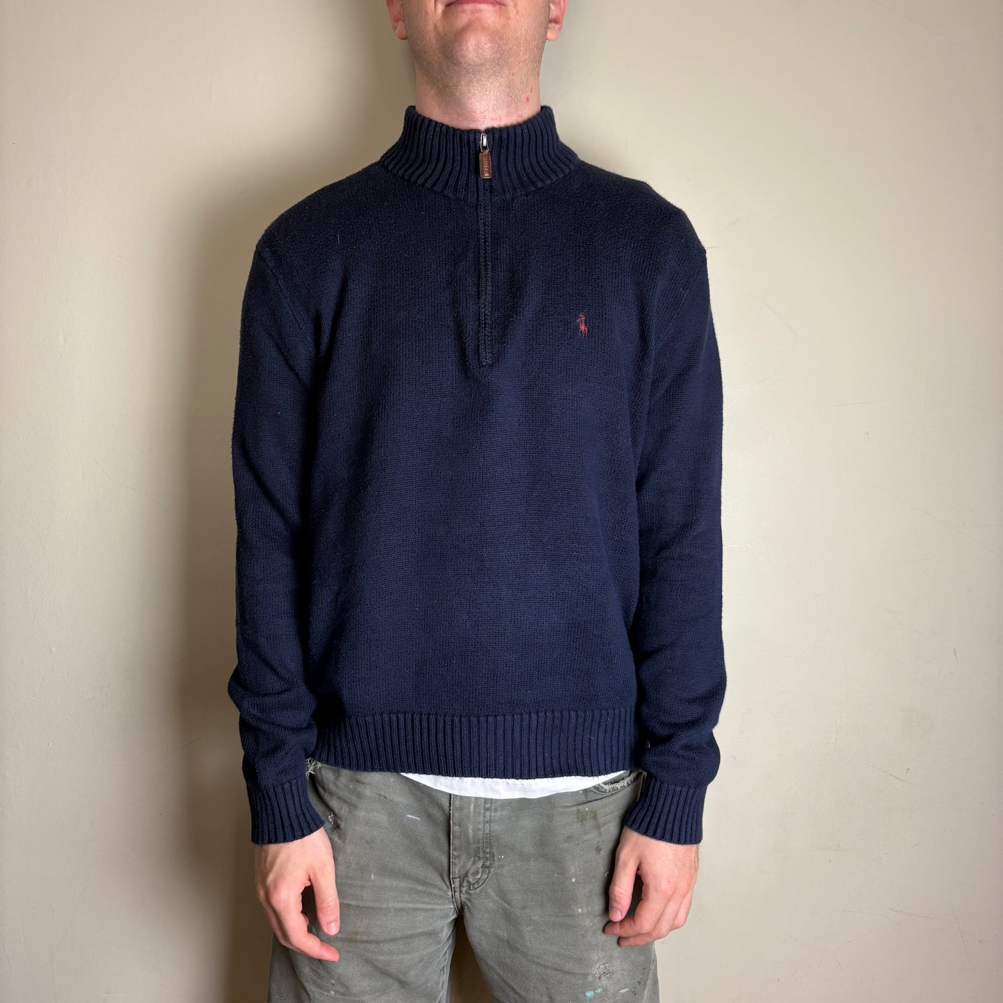 Vintage Ralph Lauren Navy Quarter Zip Chunky Knit Jumper - L
