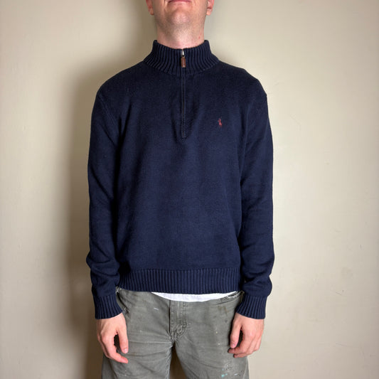 Vintage Ralph Lauren Navy Quarter Zip Chunky Knit Jumper - L