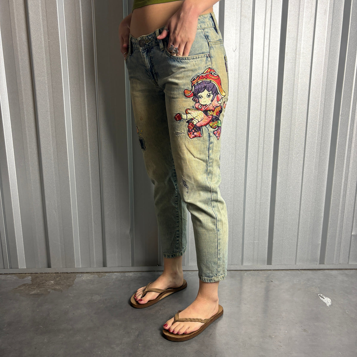 Embroidered Jizo Blue Capri Anime Japanese Denim Hip Hop Y2K Jeans - 32