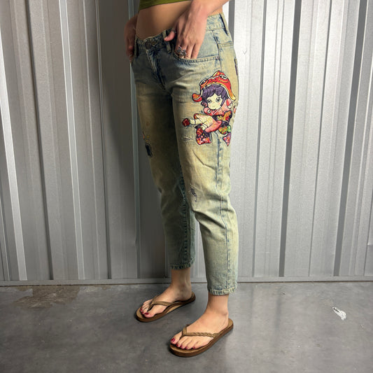 Embroidered Jizo Blue Capri Anime Japanese Denim Hip Hop Y2K Jeans - 32