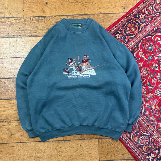 Vintage 90s Embroidered Blue Ski Skiing Christmas Sweatshirt - L