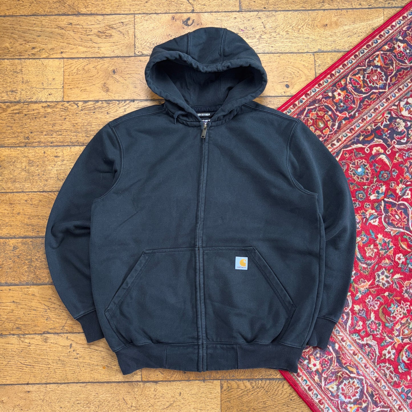 Vintage Carhartt Workwear Black Zip Hoodie Embroidered Sweatshirt - L