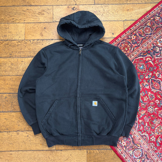 Vintage Carhartt Workwear Black Zip Hoodie Embroidered Sweatshirt - L