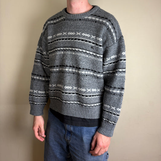 Vintage Burberry Grey Wool Pattern Boxy Chunky Knit Jumper - L