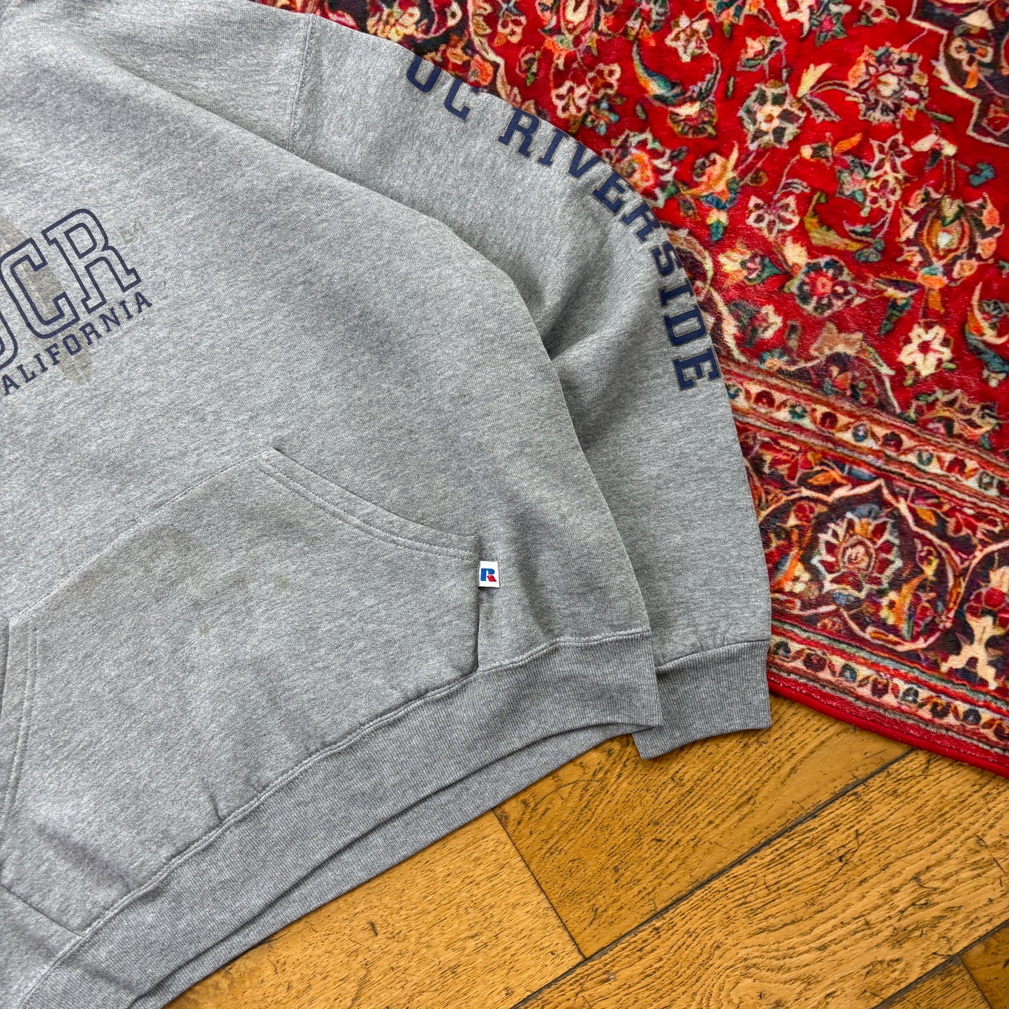 Vintage Russell Athletic Grey Surfwear USA College Hoodie Sweatshirt - M