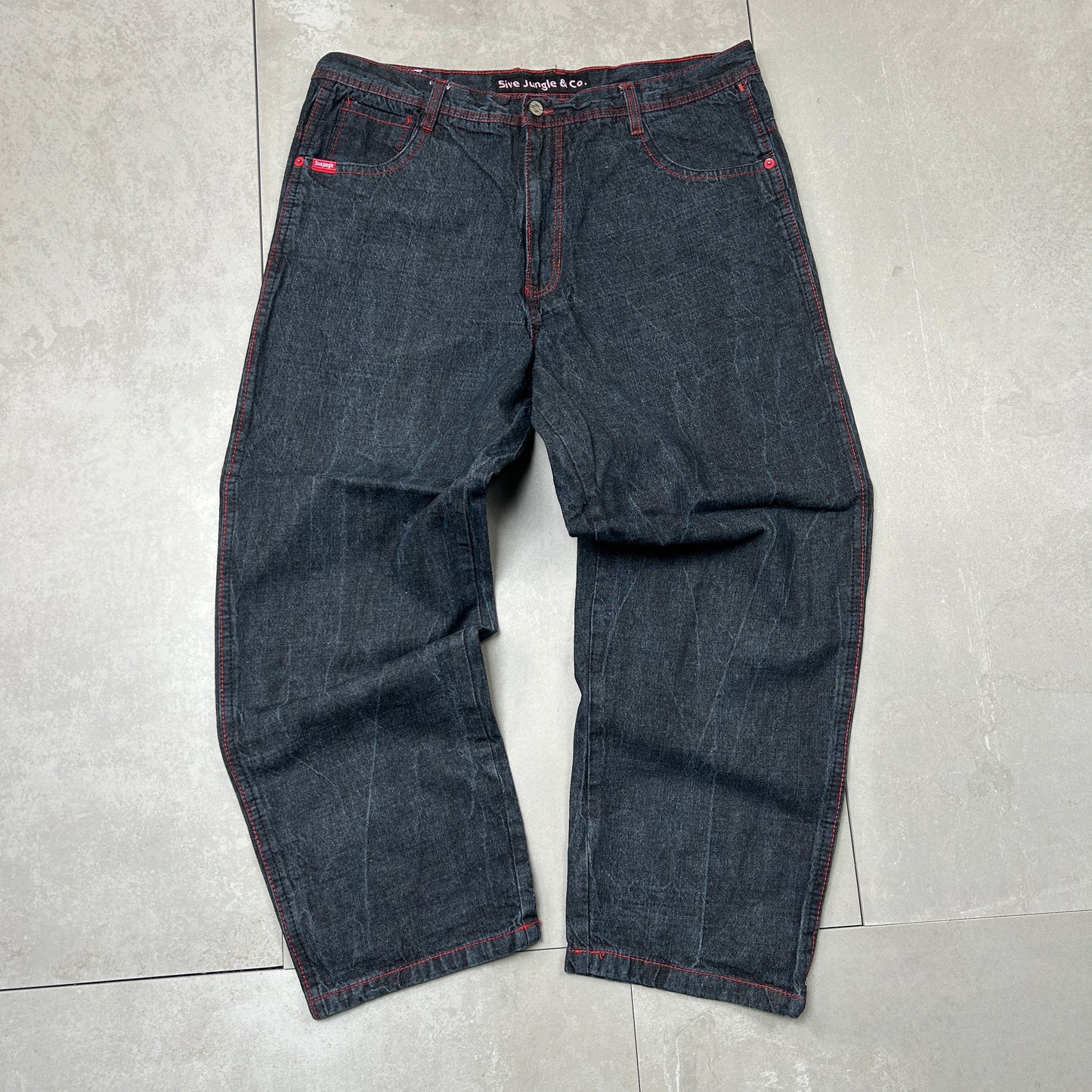 Vintage Embroidered Hip Hop Black Red Baggy Jeans - 42