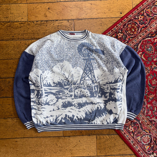 Vintage 90s Blue White Boxy Graphic Sweatshirt - XL