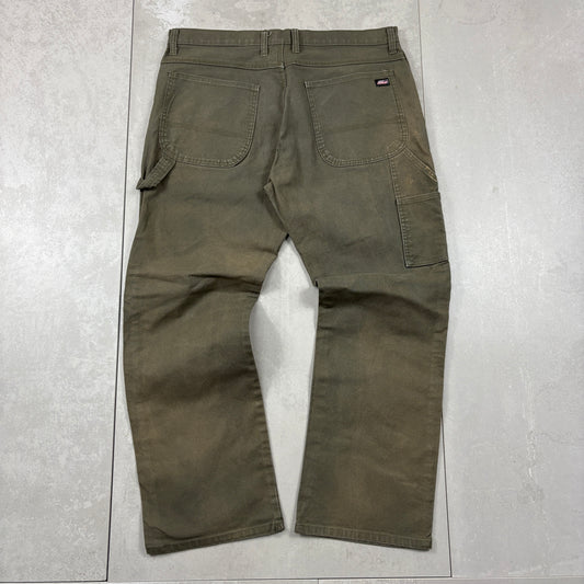Vintage Dickies Workwear Carpenter Khaki Green Baggy Trousers - 38