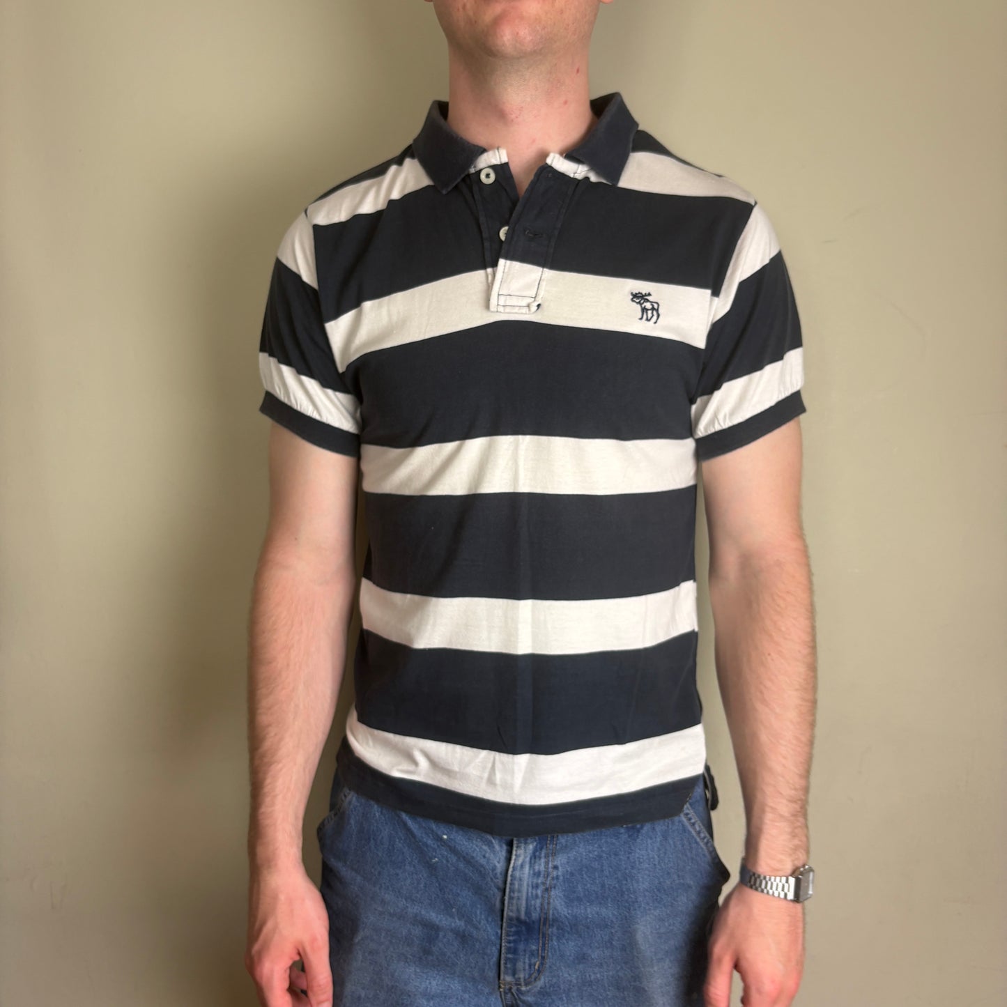 Vintage Abercrombie and Fitch Navy White Stripe Polo Shirt - XS