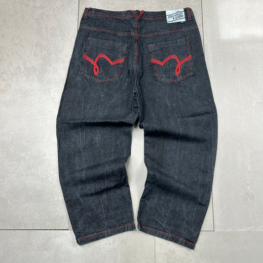 Vintage Embroidered Hip Hop Black Red Baggy Jeans - 42