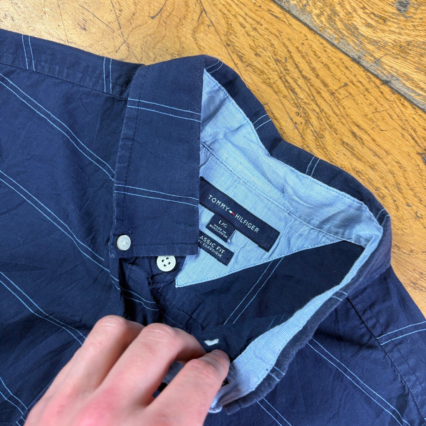 Vintage Tommy Hilfiger Navy Stripe Embroidered Shirt - L