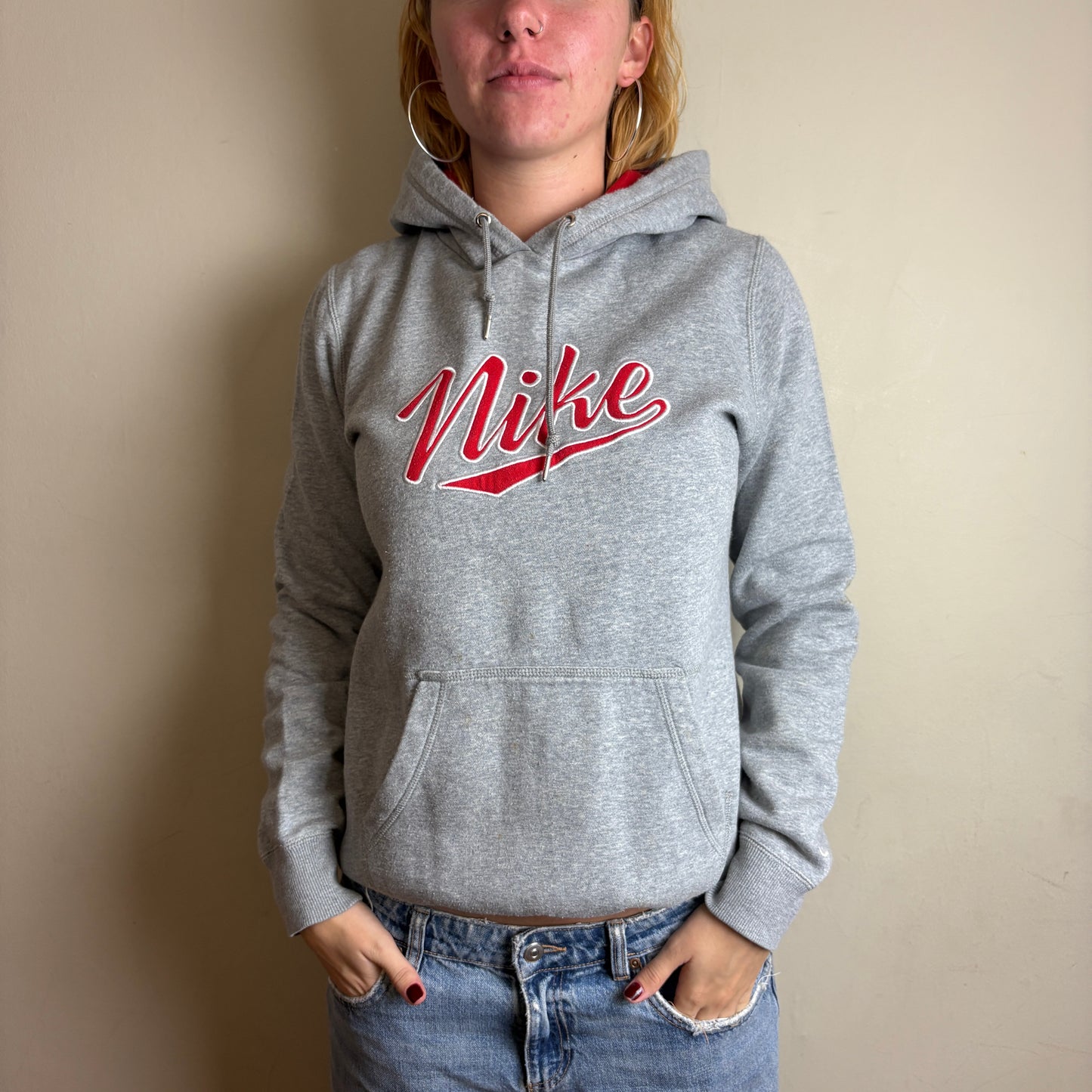 Vintage Nike Grey Spellout Womens Embroidered Hoodie Sweatshirt - L