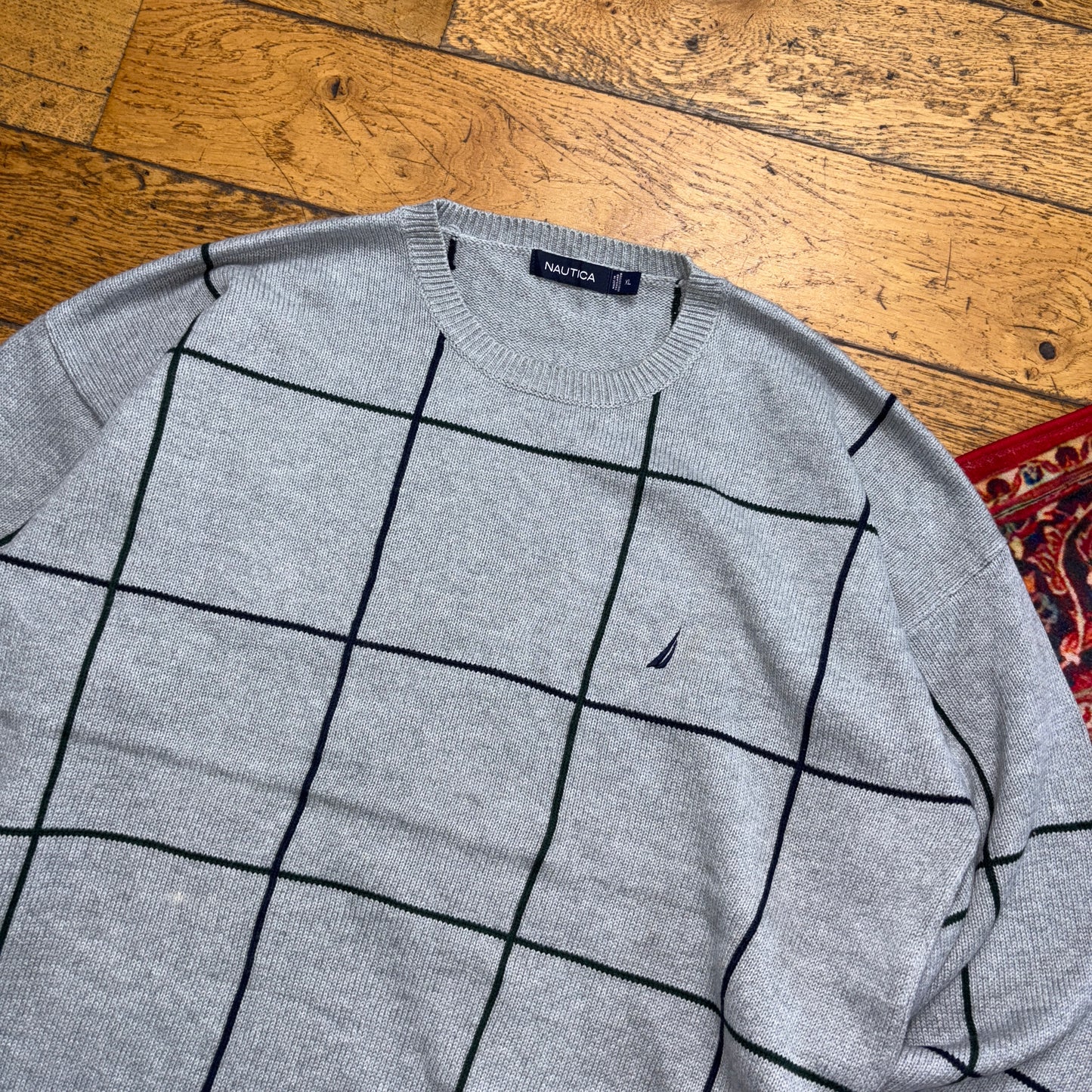 Vintage Nautica Grey Check Embroidered Knit Jumper - XL