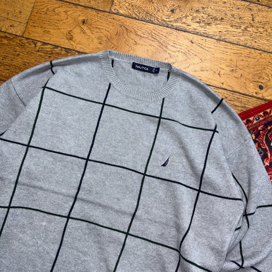 Vintage Nautica Grey Check Embroidered Knit Jumper - XL