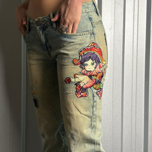 Embroidered Jizo Blue Capri Anime Japanese Denim Hip Hop Y2K Jeans - 32