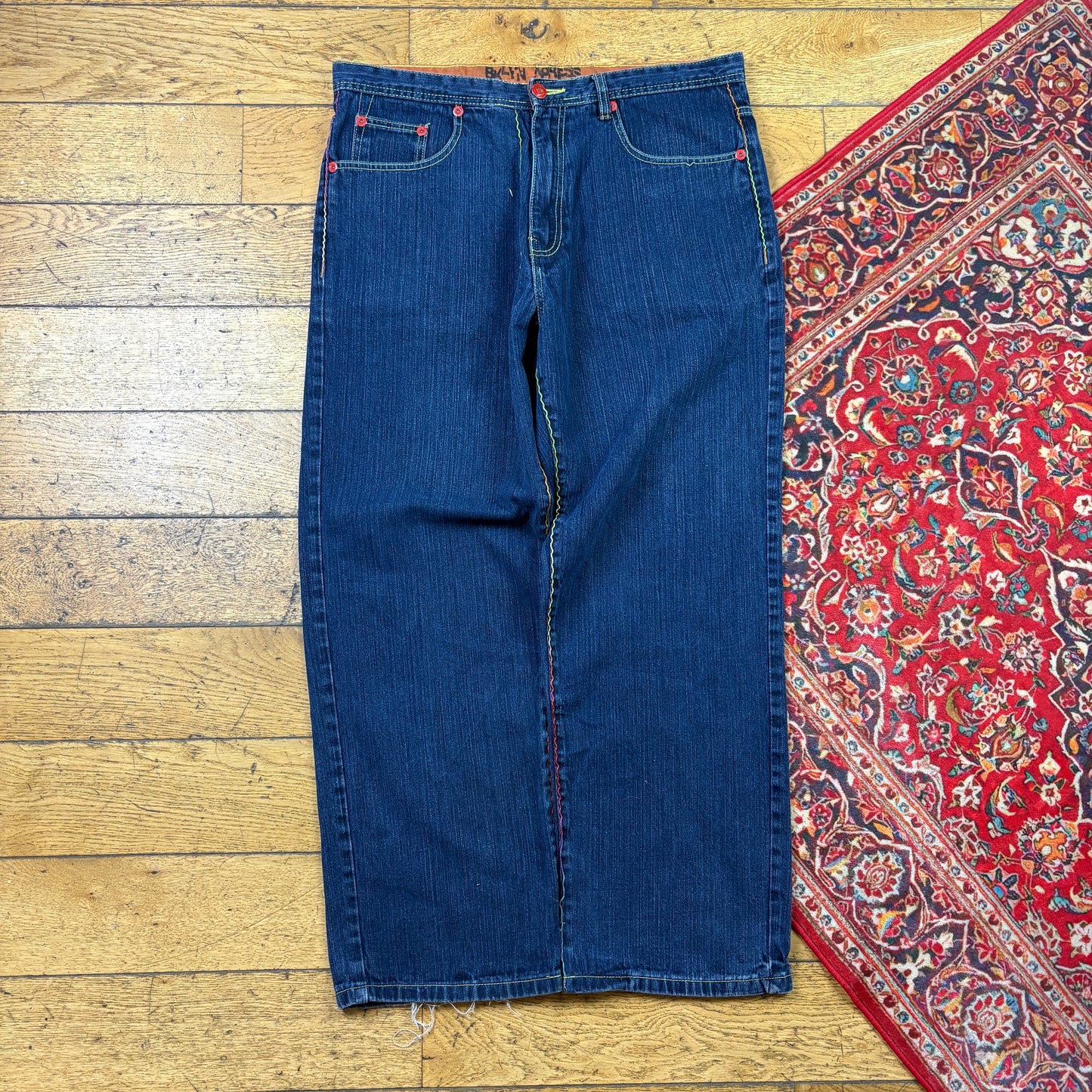Vintage Floral Blue Embroidered Y2K Hip Hop Baggy Jeans - 38