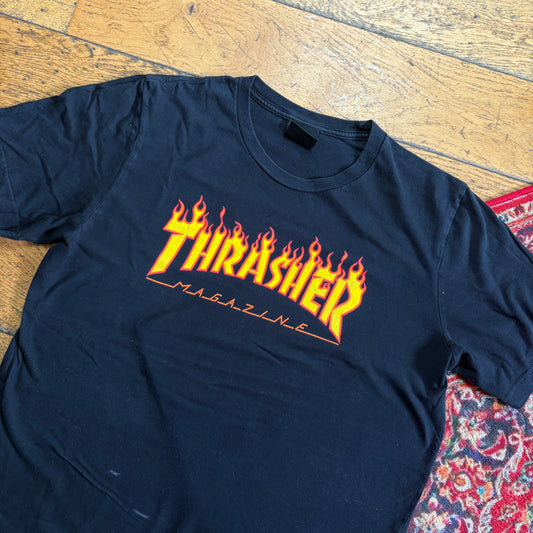 Vintage Thrasher Black Skate Flames Graphic T-Shirt - XS