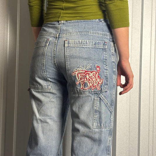 Embroidered Blue Territory Japanese Denim Hip Hop Y2K Baggy Jeans - 30S