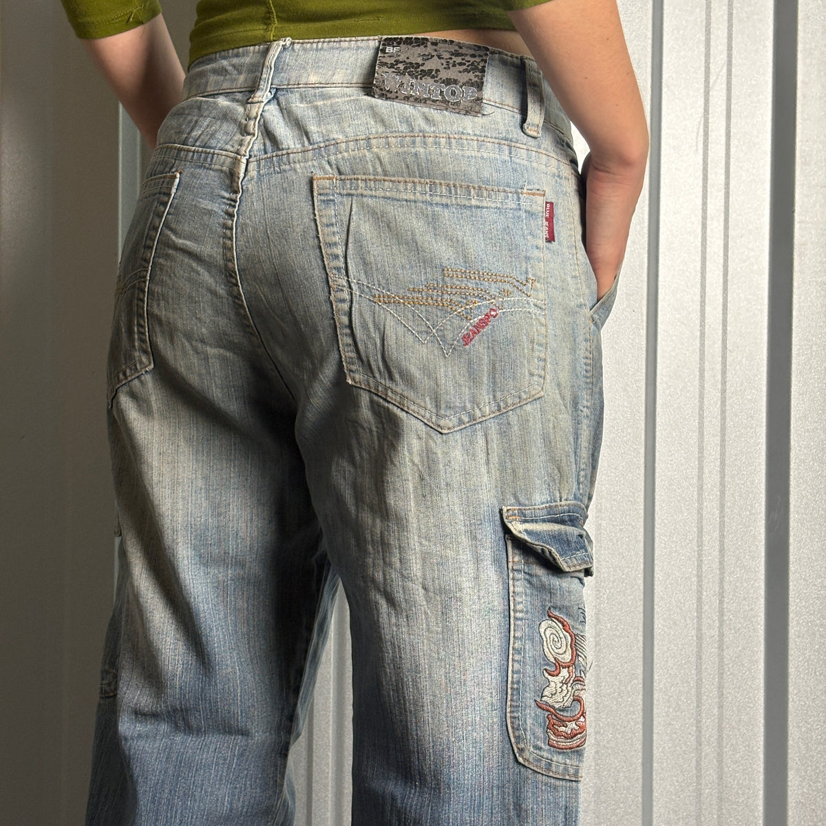 Embroidered Blue Cargo Japanese Denim Hip Hop Y2K Baggy Jeans - 32S