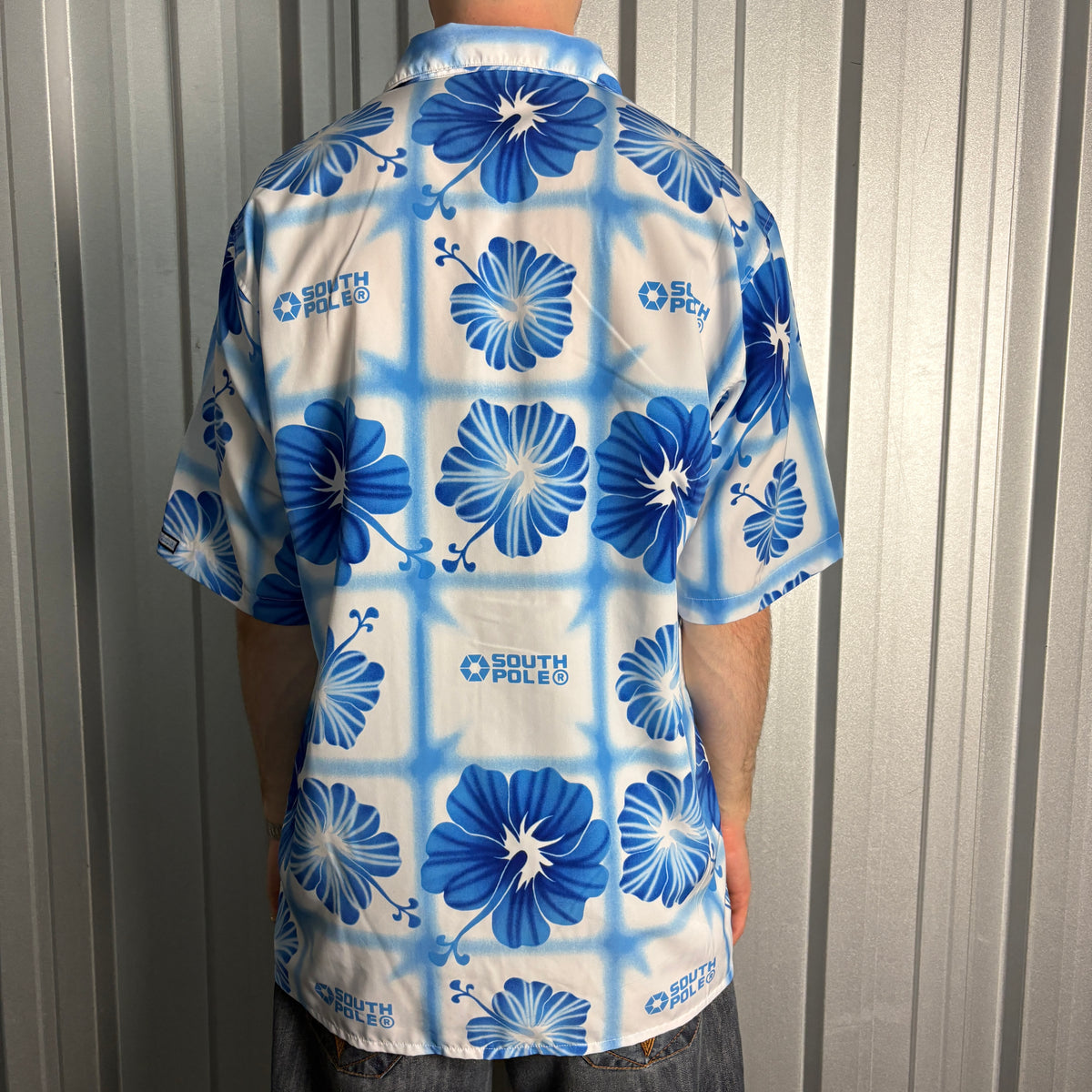 Southpole Hip Hop Hawaiian Blue Y2k 00s Embroidered Short Sleeve Shirt - L
