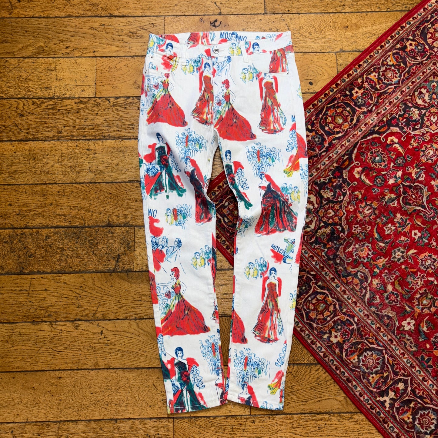 Vintage Graphic All Over Print White Slim Jeans - 34R
