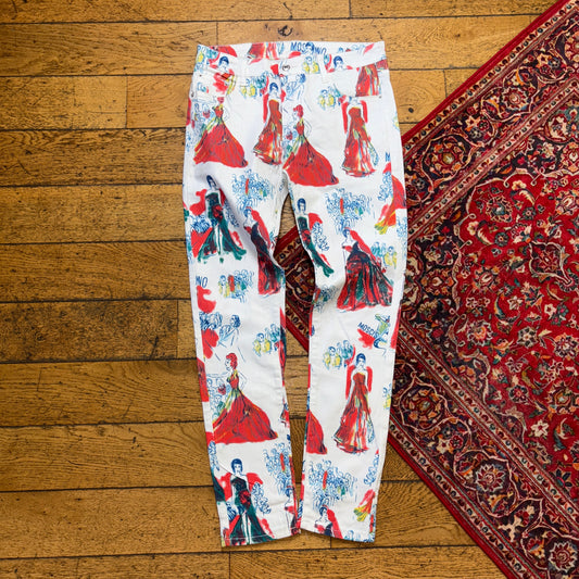 Vintage Graphic All Over Print White Slim Jeans - 34R