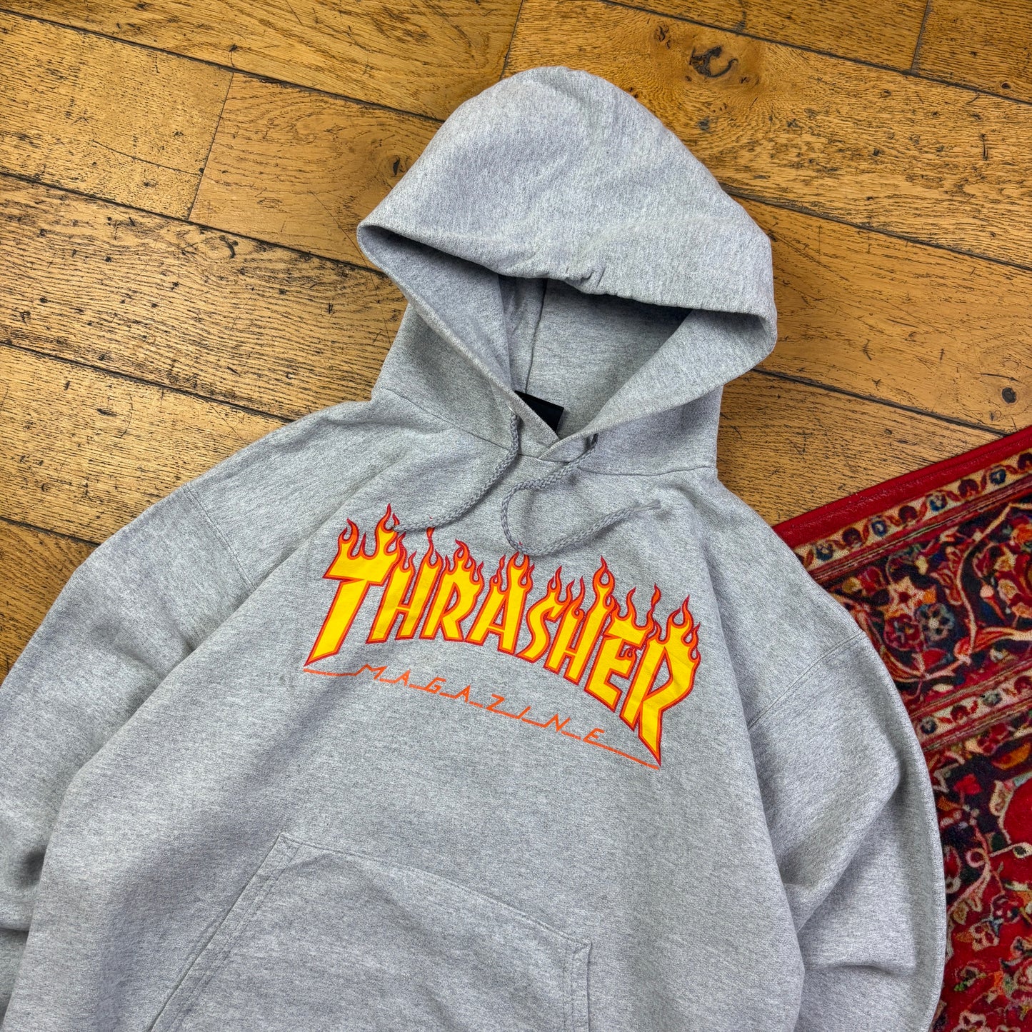 Vintage Thrasher Flames Grey Skate Hoodie Sweatshirt - S