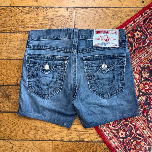 Vintage True Religion Blue Mini Embroidered Y2K Shorts Jorts - Size 16